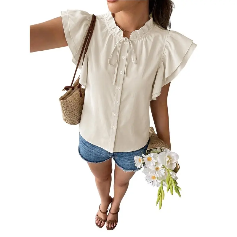 

CYL-Womens Ruffle Short Sleeve Shirt Stand Collar Tie Front Cardigan Blouse Casual Elegant Cute Blouse