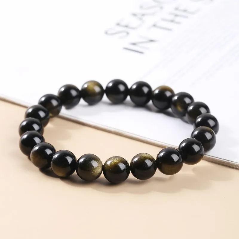 JD Natural Stone Gold Color Obsidian Irisation Bead Bracelet Women Men Charm Health Protect Healing Energy Bangles Yoga Jewelry