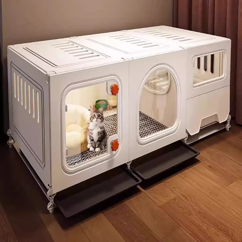 

Space Saving Cat Cage with Built-in Litter Box One Room One Bath Pet Villa Indoor Cat House Multi-Level Cats Condo for Home Use