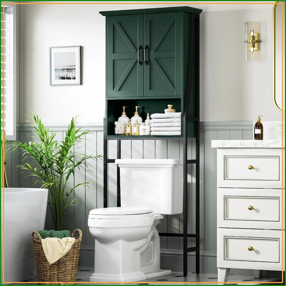 Over Toilet Storage Cabinet with Barn Doors, Bathroom Organizer Above Toilet, Forest Green