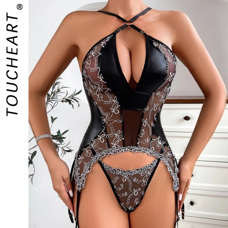 

Toucheart 2-Piece Set Interesting Jumpsuit See-Through Mesh Printing Temptation Body Shaping Push-Up Sexy Hollow Underwear Suit