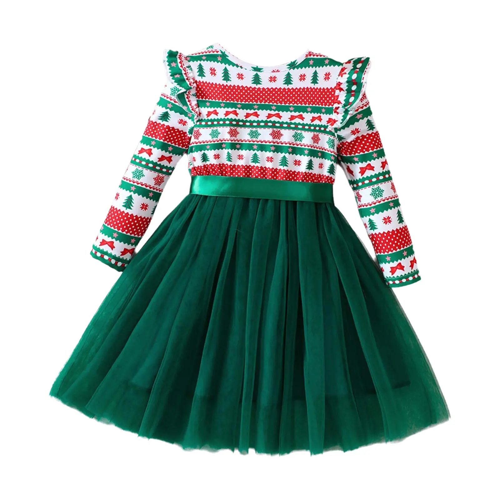 Children Girl Christmas New Year Party Dress Long Sleeve Xmas Print Mesh Tutu Princess Dresses for Festival Daily School Wear