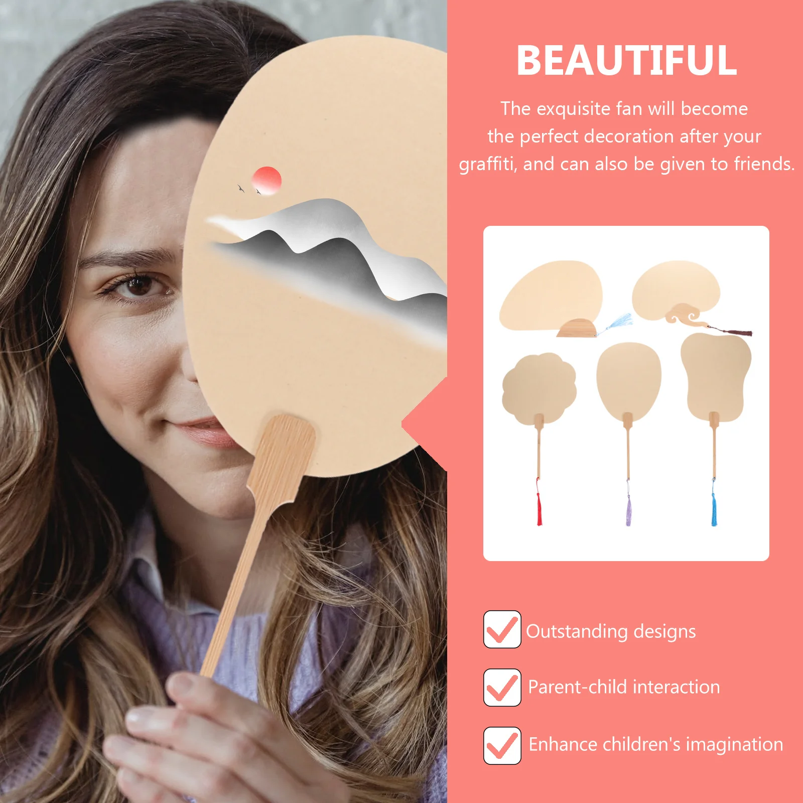 

5Pcs Palace Fan Hand Painted Round Fans Premium DIY Drawing Graffiti Art Craft Kit for Family Creative Activity Chinese