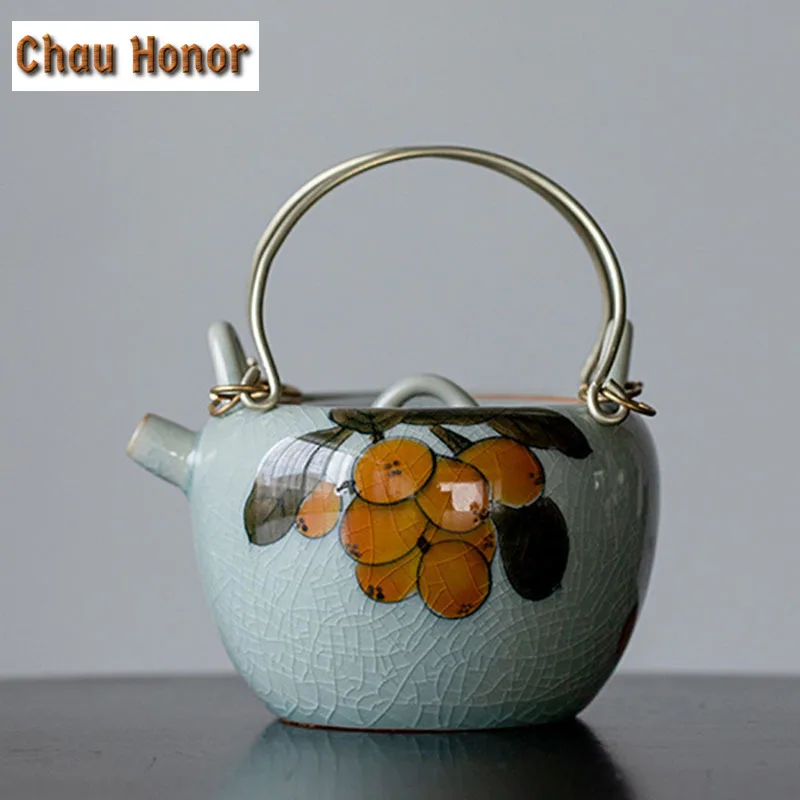 150ml Borneol Glaze Ceramic Teapot Pure Handpainted Loquat Art Tea Making Lifting Beam Pot With Fitter Household Kung Fu Teaware