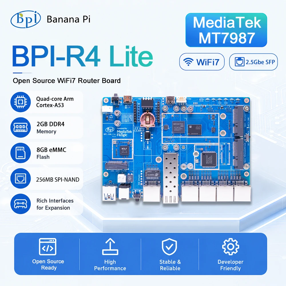 Banana Pi BPI-R4 Lite MediaTek MT7987A 2GB DDR4 8GB eMMC 256MB SPI-NAND Smart Router Home Automation Wifi 7 Wireless Router