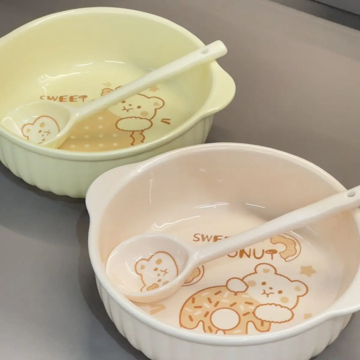 Cream Bear Bowl 7.5-inch Double Ear Ceramic Face Bowl Salad Bowl Underglaze Color Student Cute Home High Beauty Large Ceramic