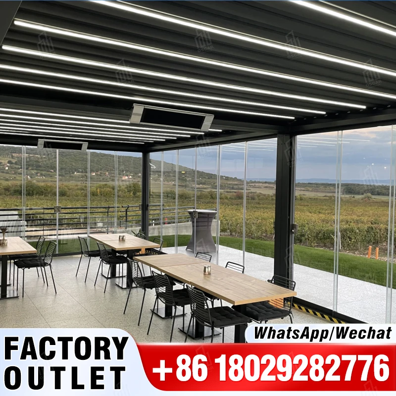 

oscaracso Strong Aluminium Pergola Opening Roof Waterproof Gazebo Manufacturers Pergolas Canopy with Sliding door