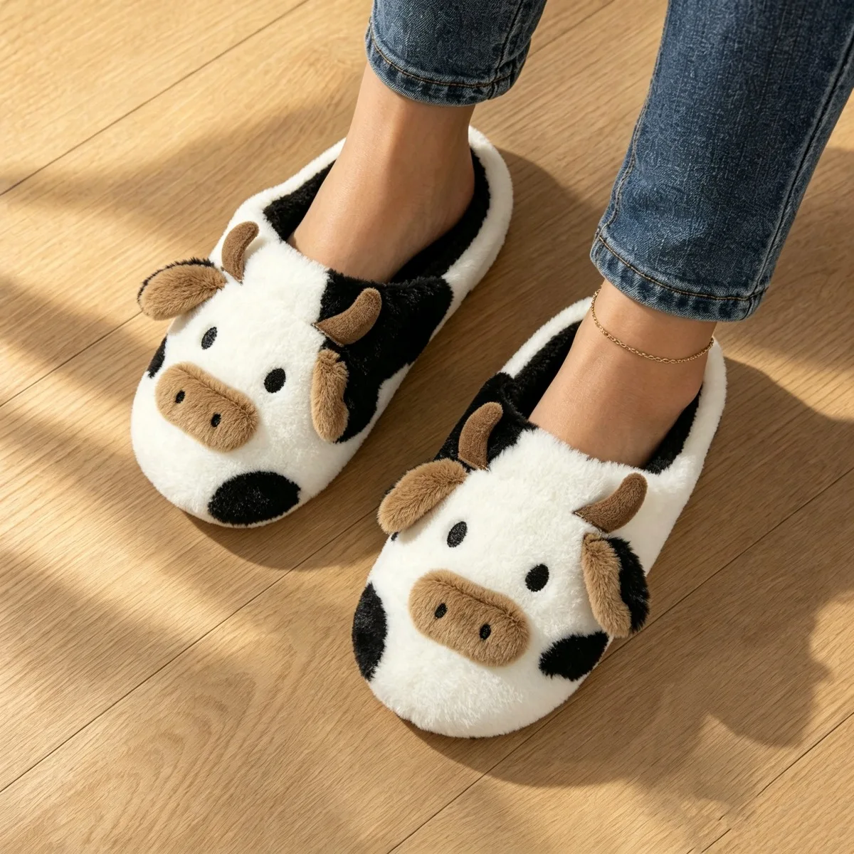 Comfy Cow Plush Slippers Womens Silent Walking Warm Autumn Winter Non-slip House Shoes for Couple Mens Warm Shoes view 3