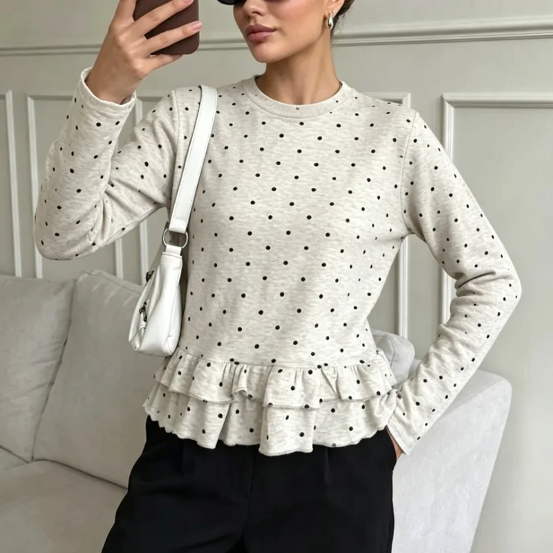 New Chic Korean Women Polka Dot Round Neck Ruffle Trim Long Sleeve T Shirt Loose Elegant Casual Versatile Basic Tops