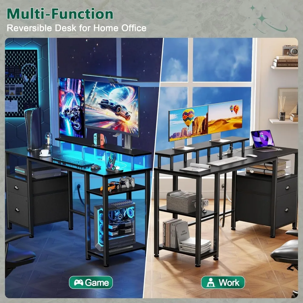 Gaming Desk with LED Lights and Power Outlets, Reversible Desk with File Cabinet and Monitor Stand for Home Office Use