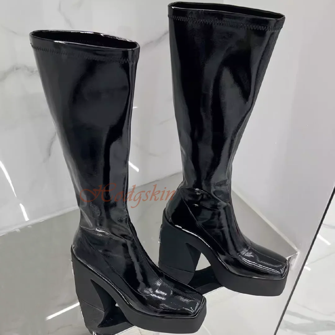 Thick Heel Elastic Slim Boots Square Toe Platform Solid Leather Knee High Boots Women New Style Shoes Winter Fitted Slip On Sexy