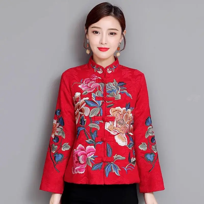 

Chinese Style Women's Embroidery Jacket 2023 Autumn/Winter Ethnic Retro Jacquard Plate Buckle Fashion Tang Clothing Coat C098