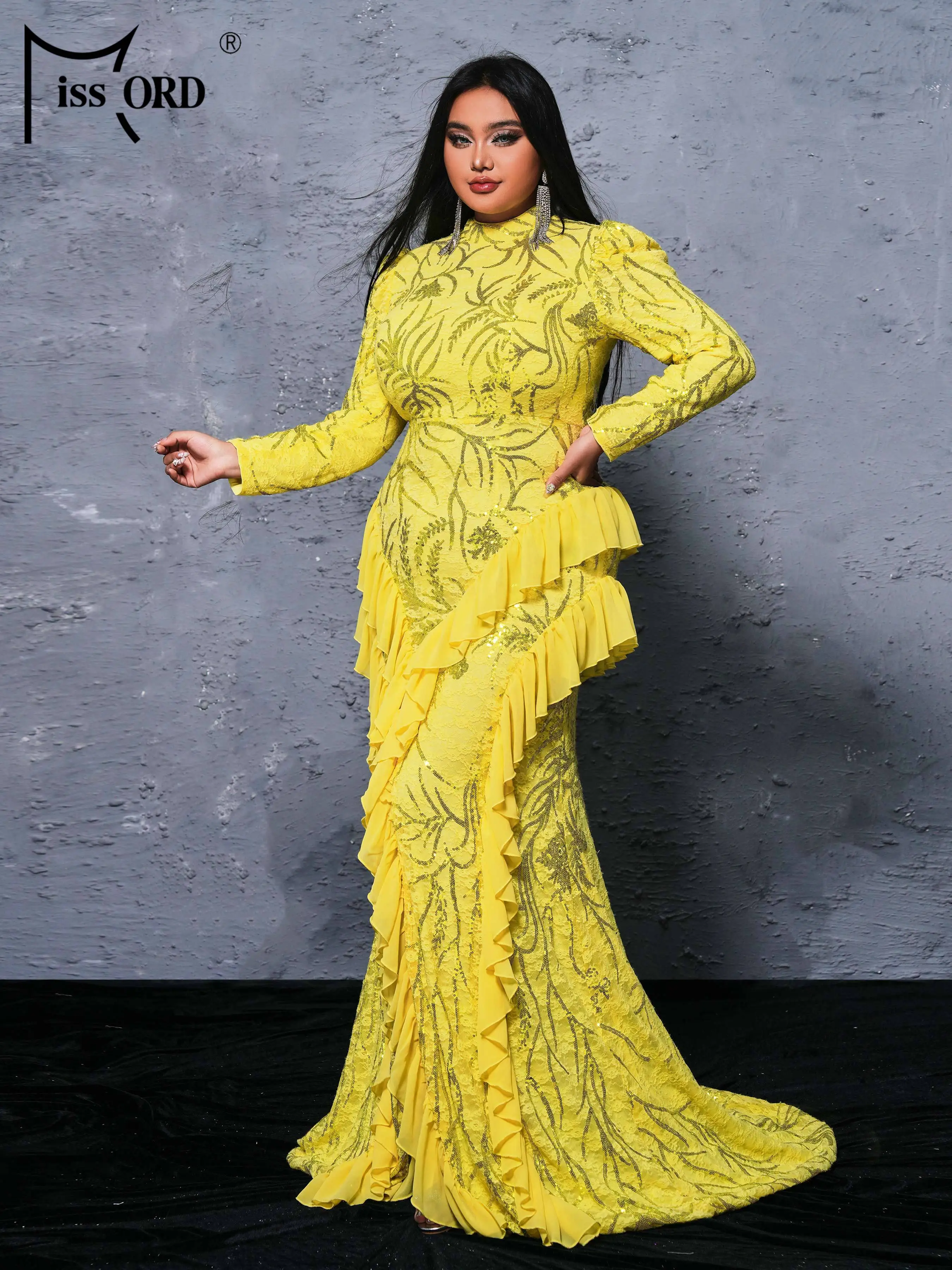 Missord 2024 Plus Size Yellow High Neck Long Sleeved Ruffled Wedding Birthday Party Evening Large Evening Dress