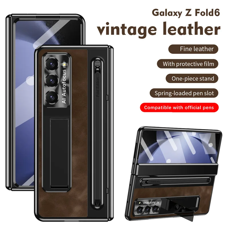 

Luxury High-end Leather Hinge Phone Case For Samsung Z Fold 4 5 6 With Bracket Tempered Film Pen Slot Phone Case