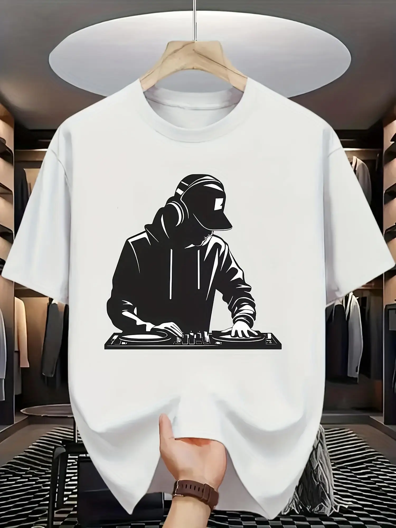 Street Style Cool DJ Print T-Shirt, Music Culture Silhouette Short Sleeve Trendy Casual