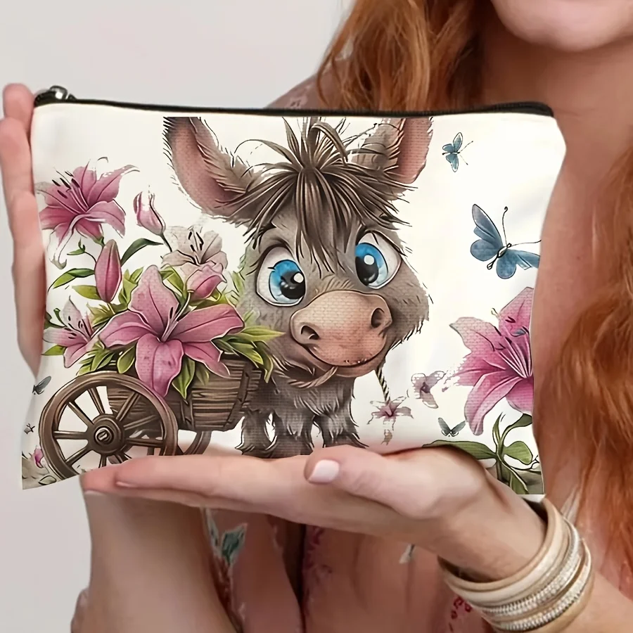 A cosmetic bag with donkey pattern-cute multifunctional zipper handbag, jewelry storage bag