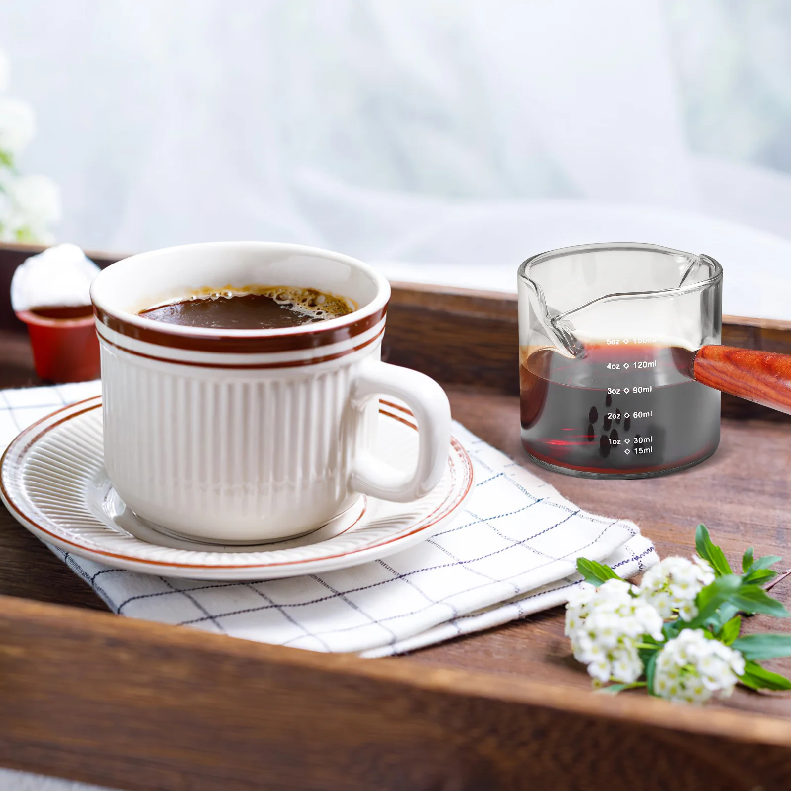 

2Pcs Glass Espresso Measuring Cup with Wooden Handle Heat Resistant Borosilicate Milk Pitcher Dual Spout Accurate Graduations