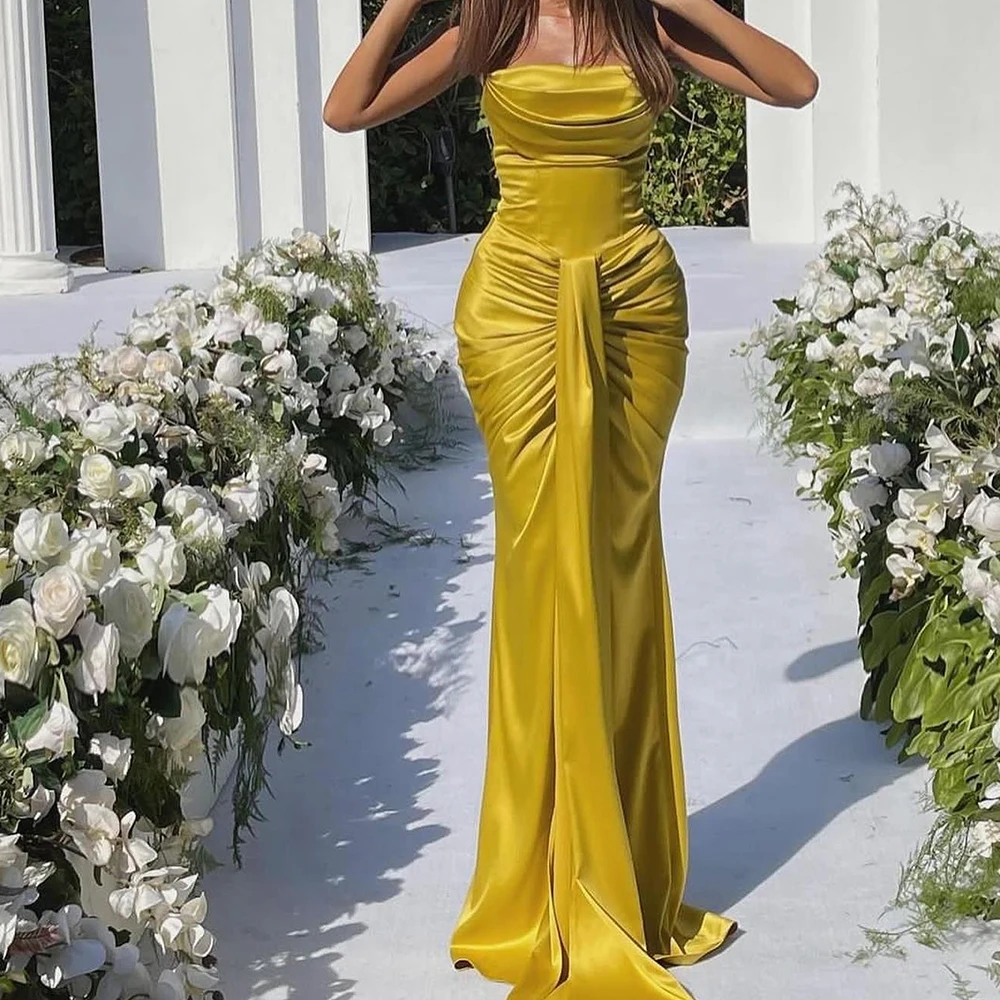 Customized Mermaid Yellow Satin Evening Dress Classic Strapless Sleeveless Sweep Train Saudi Arabia Special Occasion Gowns 2025