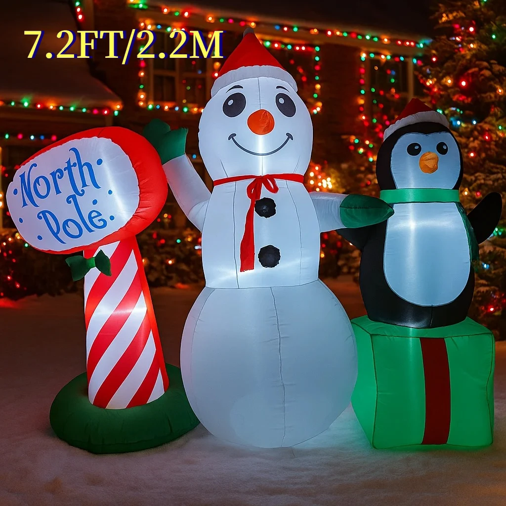 

7.2FT Christmas Decorations Inflatable Snowman Penguin North Pole Toys Home Yard Xmas Ornaments with LED Christmas Supplies Out