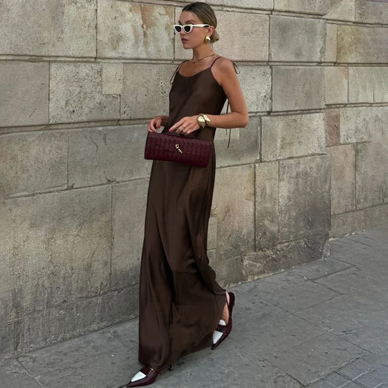 Tornova Elegant Satin Spaghetti Strap Dress For Women Sexy Backless High Waist Maxi Dress Lace Up Slim Evening Party Clothes