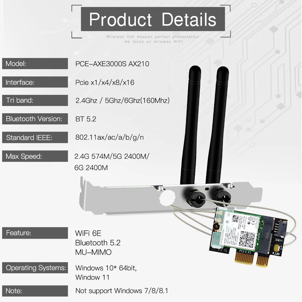 Wi-Fi 6E Intel AX210 WiFi6 Card 5374Mbps For Bluetooth 5.2 802.11AX 2.4G/5G/6Ghz PCI-E Wireless Network Card Adapter PC Win10/11