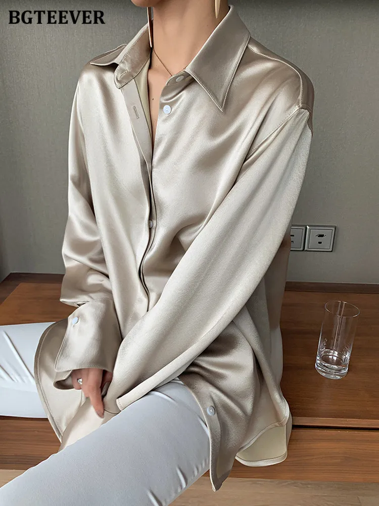 BGTEEVER Stylish Loose Single-breasted Female Satin Shirts Tops 2022 Spring Summer Blusas Full Sleeve Women Solid Blouse