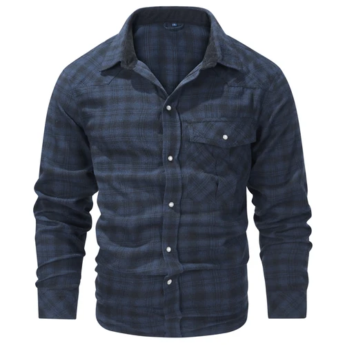 Imagen 2 del producto Camisas a cuadros para hombre, Camisa de algodón de manga larga con botones de perla Retro, cortavientos para hombre, camisa de franela, primavera y otoño