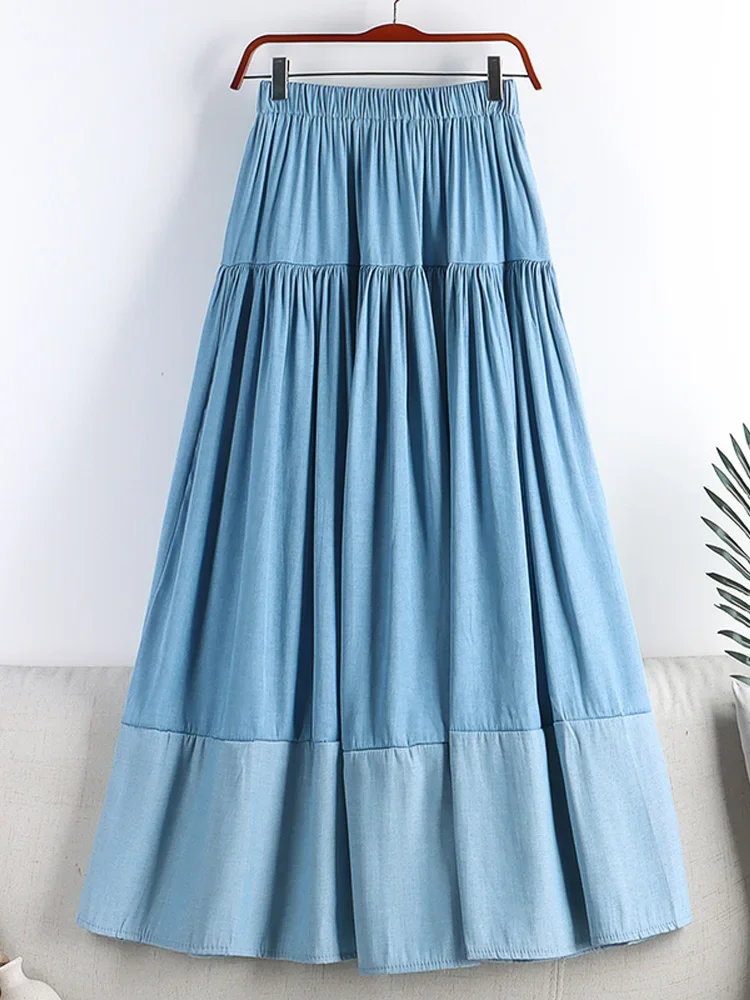 

2023 Vintage Long Patchwork Denim Skirt Women Fashion High Waist Retro A-line Jean Skirt Female Blue Midi Skirt Lady M23