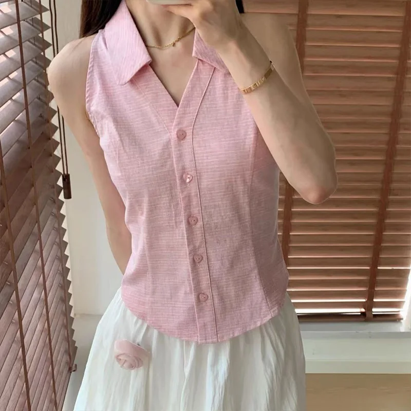 Summer New Pink Sweet High-end Elegant Fashion Slim Fit Sleeveless Shirt Original Design Youthful Wind Versatile Solid Color Top