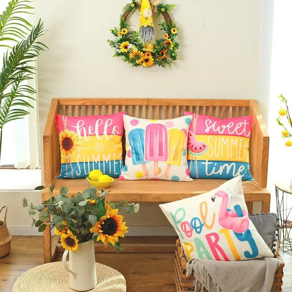 Summer Pillow Covers 18x18 Inch Set Of 4 Popsicles Flamingo Swim Ring Pool Party Decorative Throw Pillowcases For Home Sofa Couch
