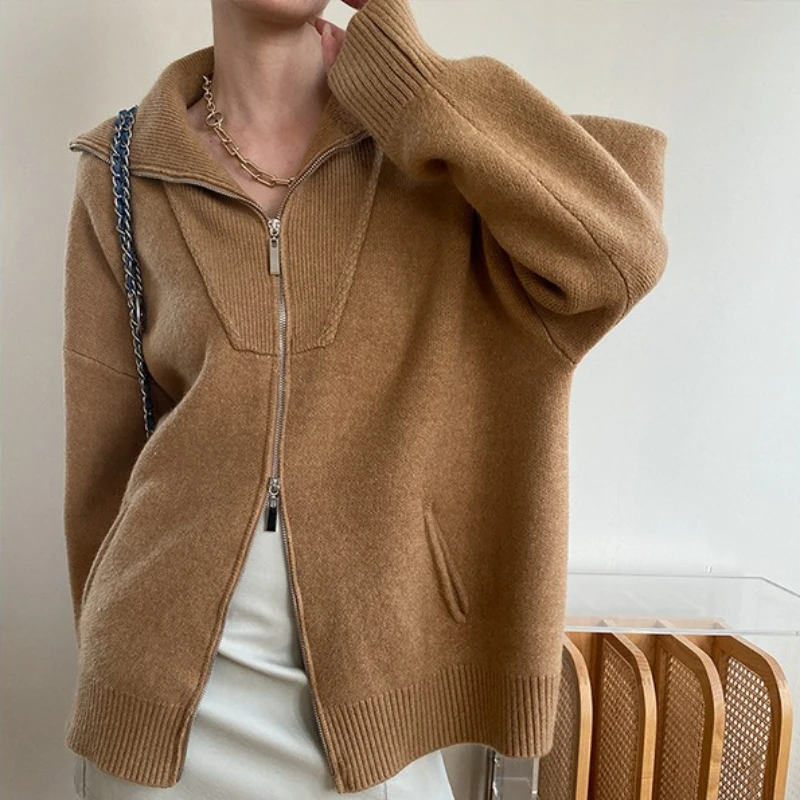 

Women Knitted Cardigan Sweaters Solid Jumpers Double Zipper Turn Down Collar Long Sleeves Loose Fit Casual 2025 Autumn Winter