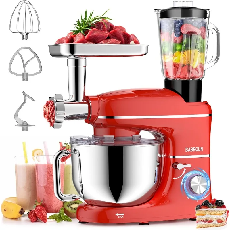 Stand Mixer, BABROUN 6 IN 1 Multifunctional Electric Kitchen Mixer with 6.5QT Stainless Steel Bowl, 1.5L Glass Jar, Meat Grinder