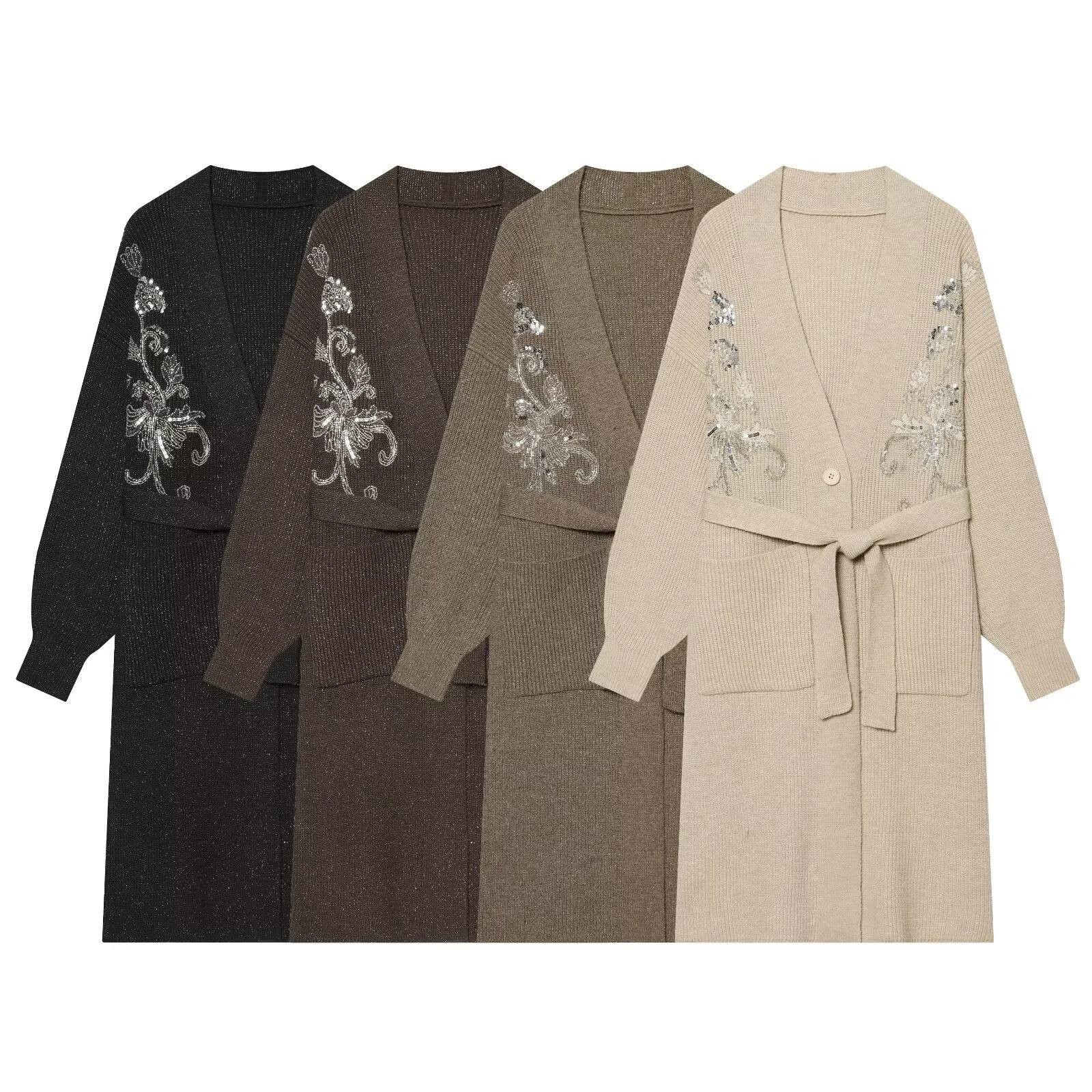 

European and American style women's clothing new 2026 fashion solid color heavy industry bead sequin belt knitted coat