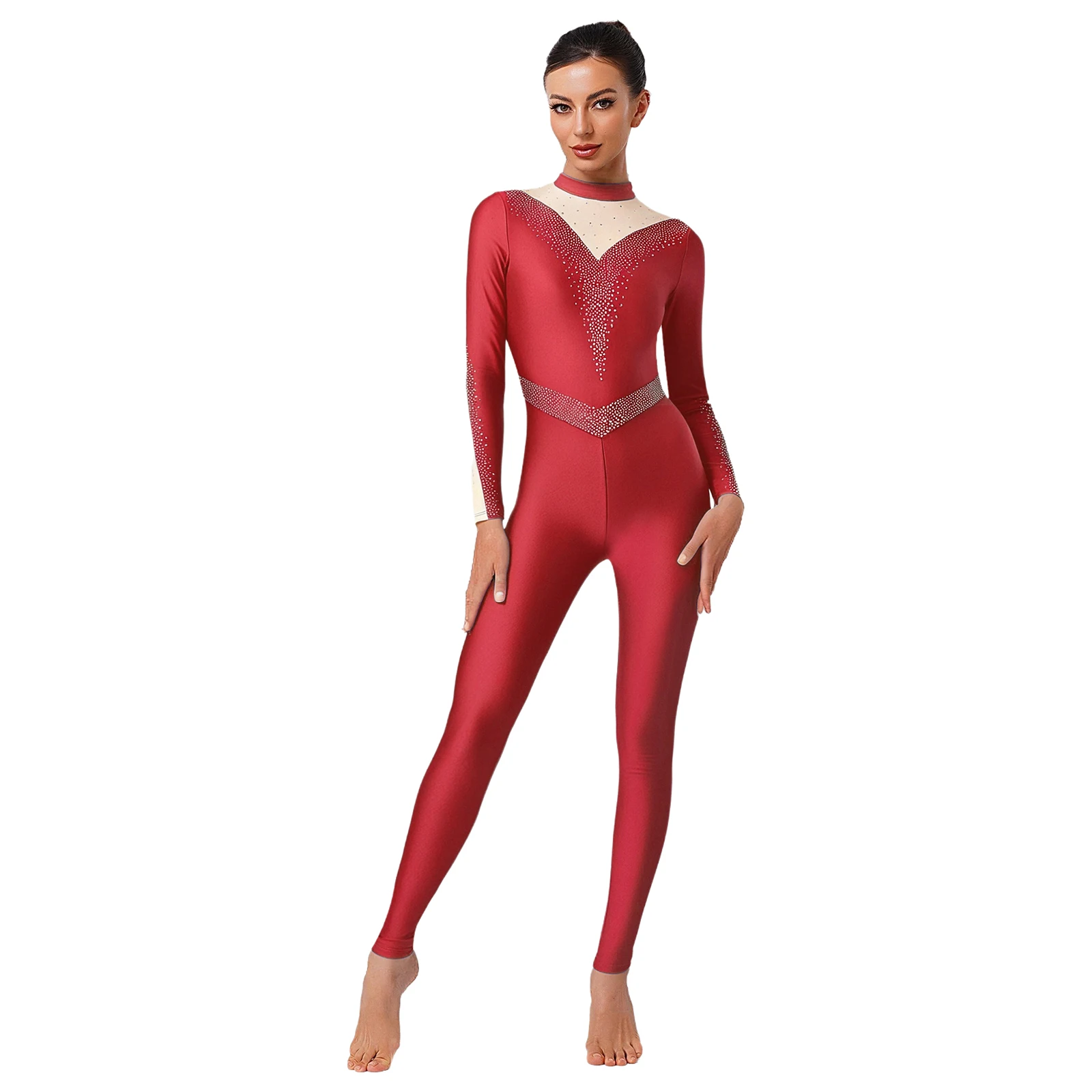 Womens Gymnastics Ballet Leotards Figure Skating Dance Costume Rompers Bodysuit Glittery Rhinestones Bodycon Unitard Jumpsuits