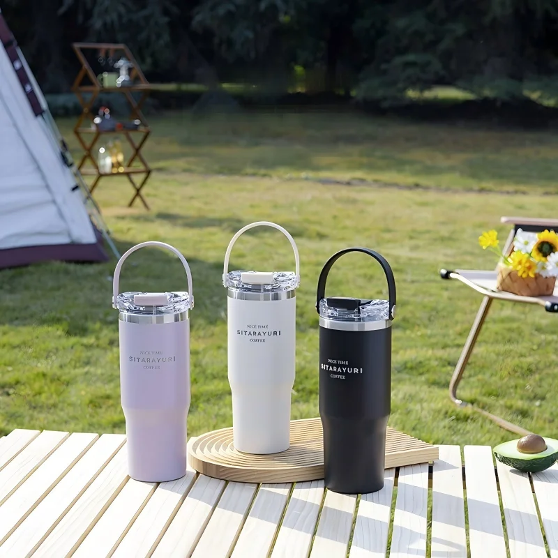 Large Capacity Insulation Cup, 30.43oz Drinking Coffee Water Cup With Straw, Simple Water Bottle