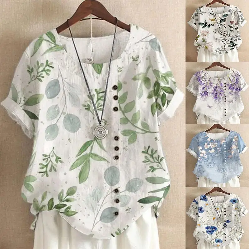 Women's Cotton Linen Printed ort irt Casual Loose Fit T-irt Polyester Material ort Sve Printed Design Summer Faion