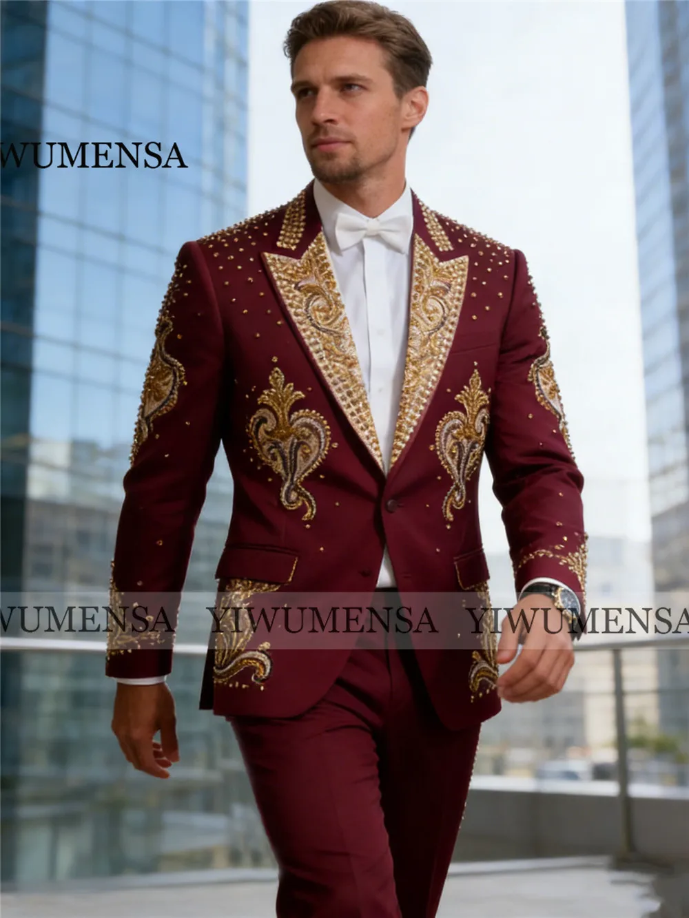 

Роскошный свадебный смокинг для жениха с золотыми бусинами и камнями, индивидуальный пошив, мужской костюм для банкета, комплект из 2 предметов, мужской наряд для официальных мероприятий, Terno Masculino