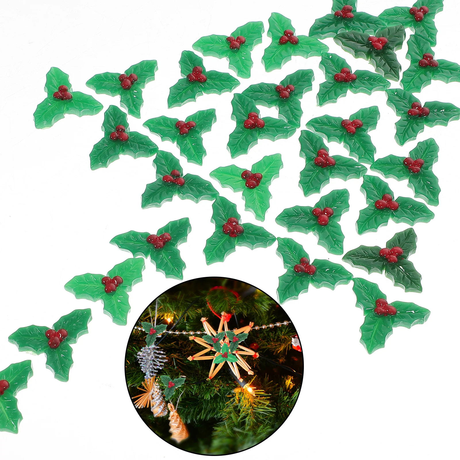

30pcs Christmas Leaf Ornaments Resin Holly Berries Decor For Tree Wreath Diy Crafts Green Room Aesthetic Mini Holiday Decoration
