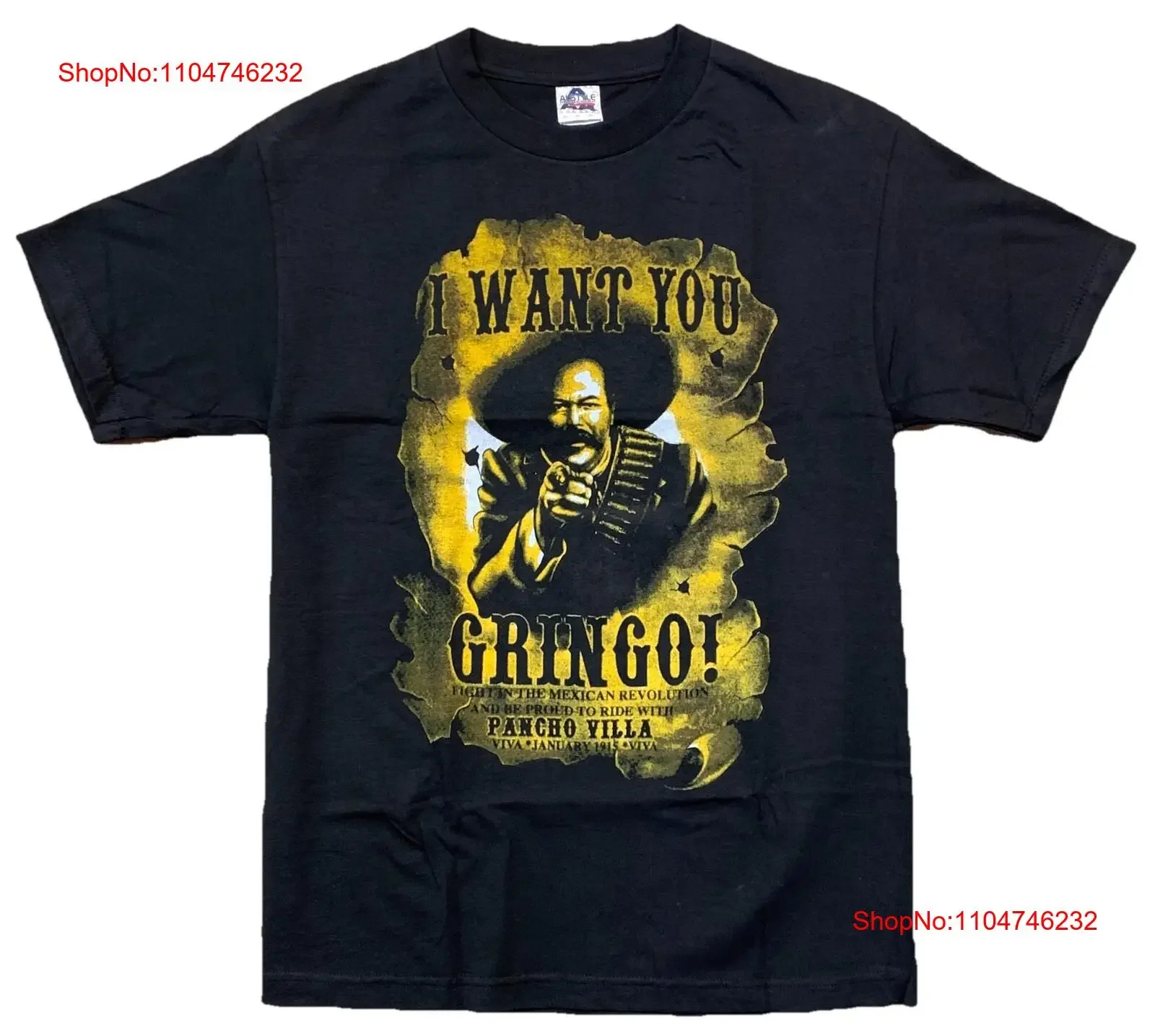 Quiero te Gringo Pancho Villa Viva Enero 1915 Camiseta Tamaño Medio Negro vintage Lavado Ropa de diseñador transpirable