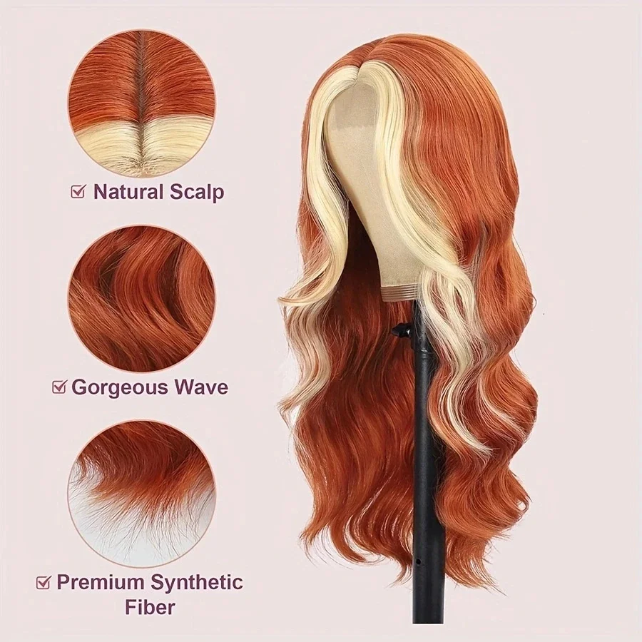 28inch Ginger Orange Wig with Blonde Highlights Lace Wig Blonde Skunk Stripe Long Wigs Heat Resistant Fiber Hair Synthetic
