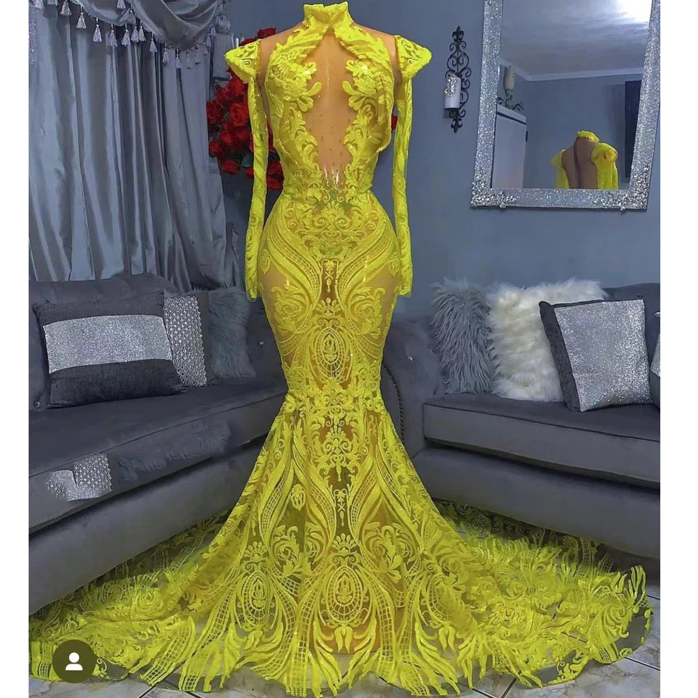 yellow prom dresses high neck long sleeve mermaid long sleeve sparkly shinning lace evening dresses gowns arabic