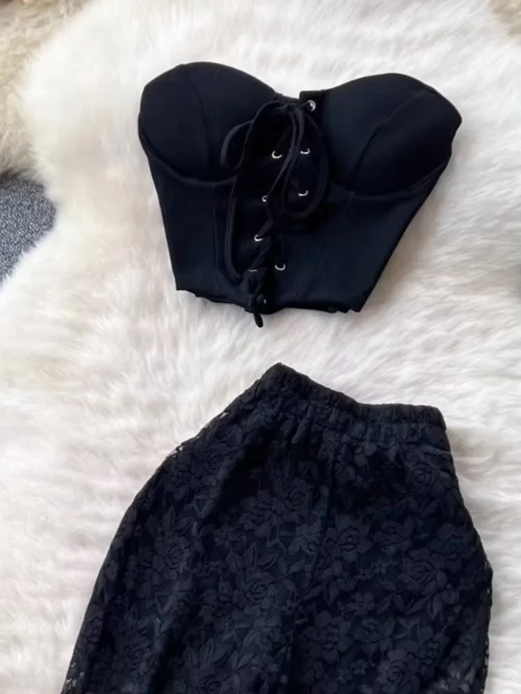 Foamlina American Ins Female Sexy Straps Sleeveless Tube Top Tight Vest Camis + High Waist Hip Wrap Lace Slacks Trousers Pants