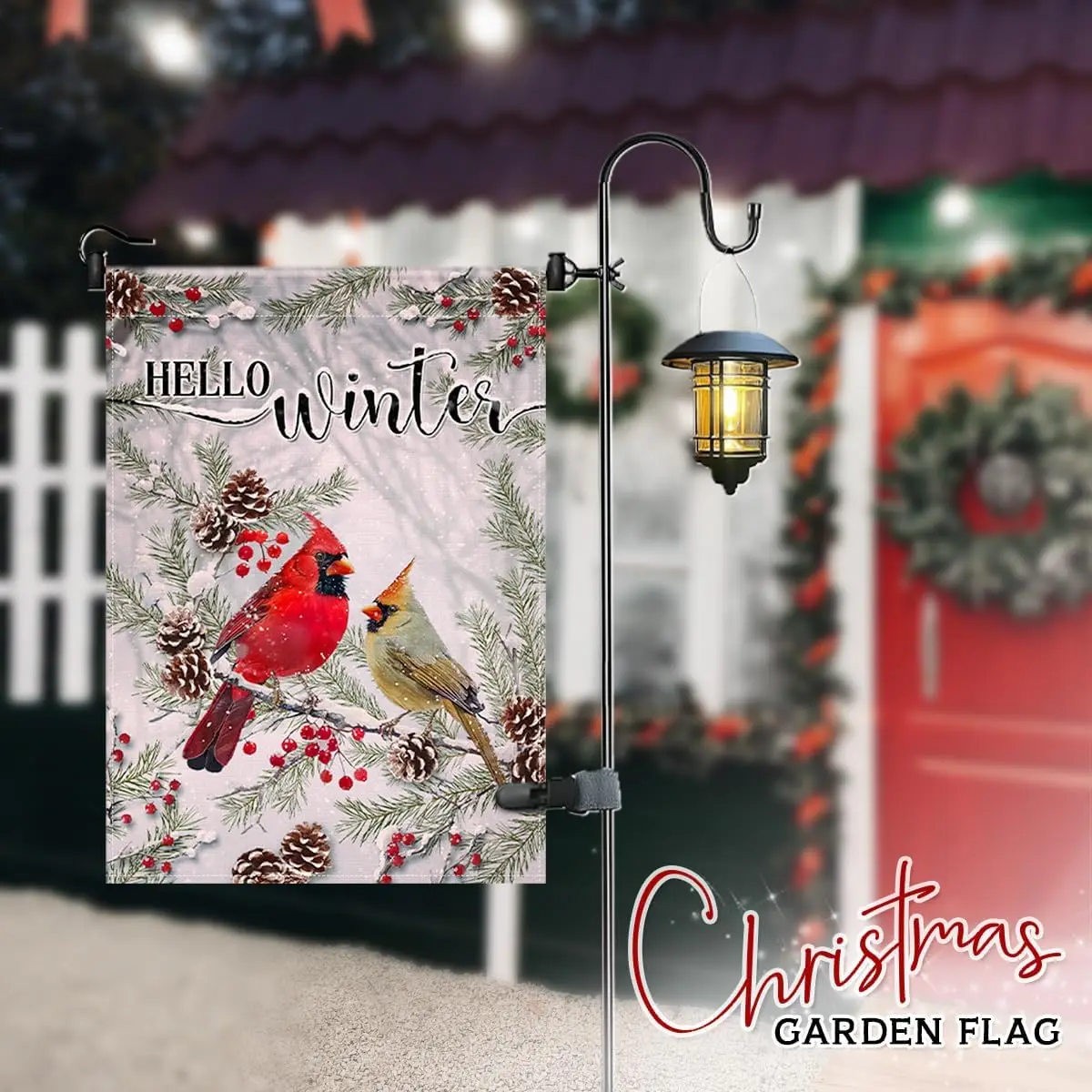 Christmas Welcome Flag - Hello Winter Welcome Home Flags 12x18 - Red & Yellow Cardinals with Holly Berry - Porch, Mailbo KKW