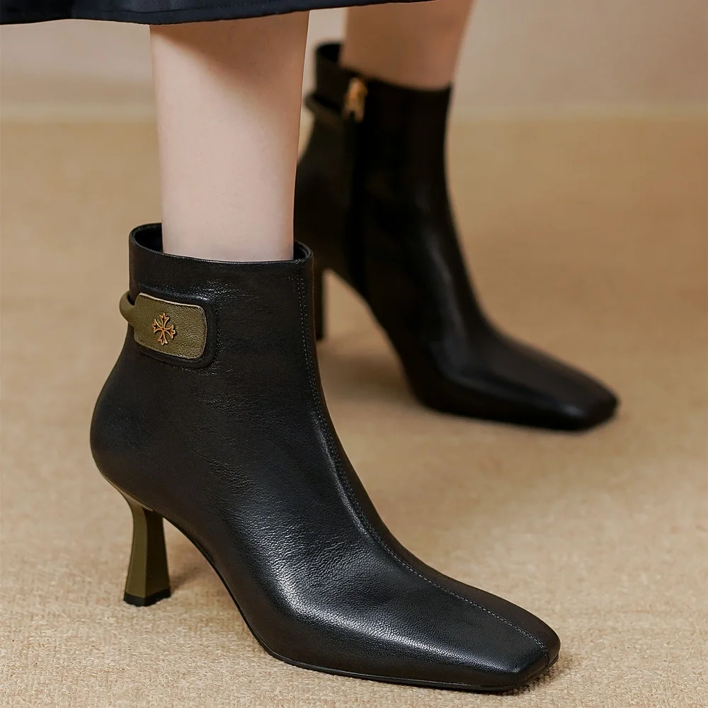 【JOCHEBED HU】Winter Shoes Woman Brand Genuine Leather Ankle Boots Woman Metal Decora Square-Toes Super High Hees Boots 33-40