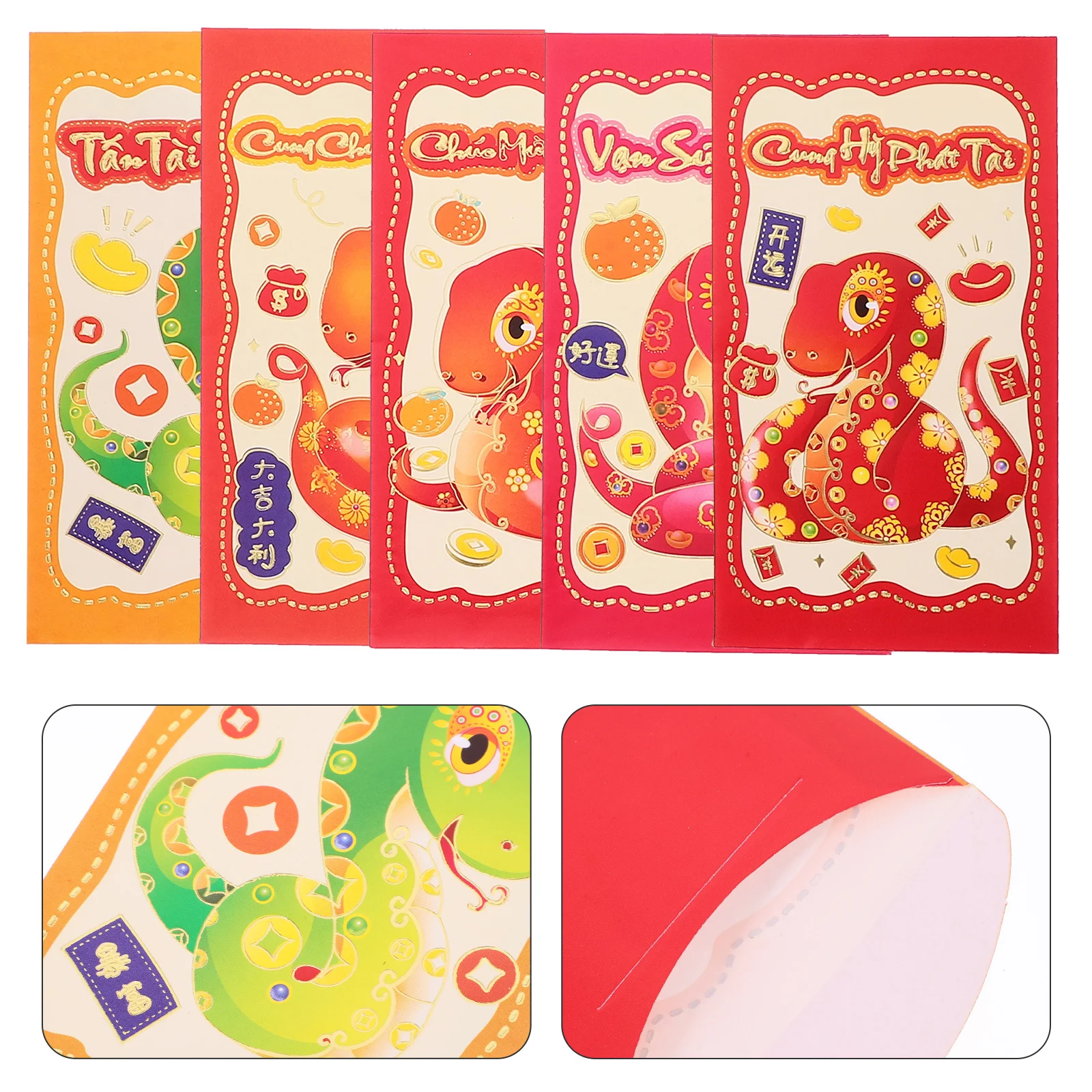 

30Pcs Red Envelopes Lunar New Year 2025 Year of Snake Cartoon Illustration Vietnamese Text Lucky Money Packets for Spring
