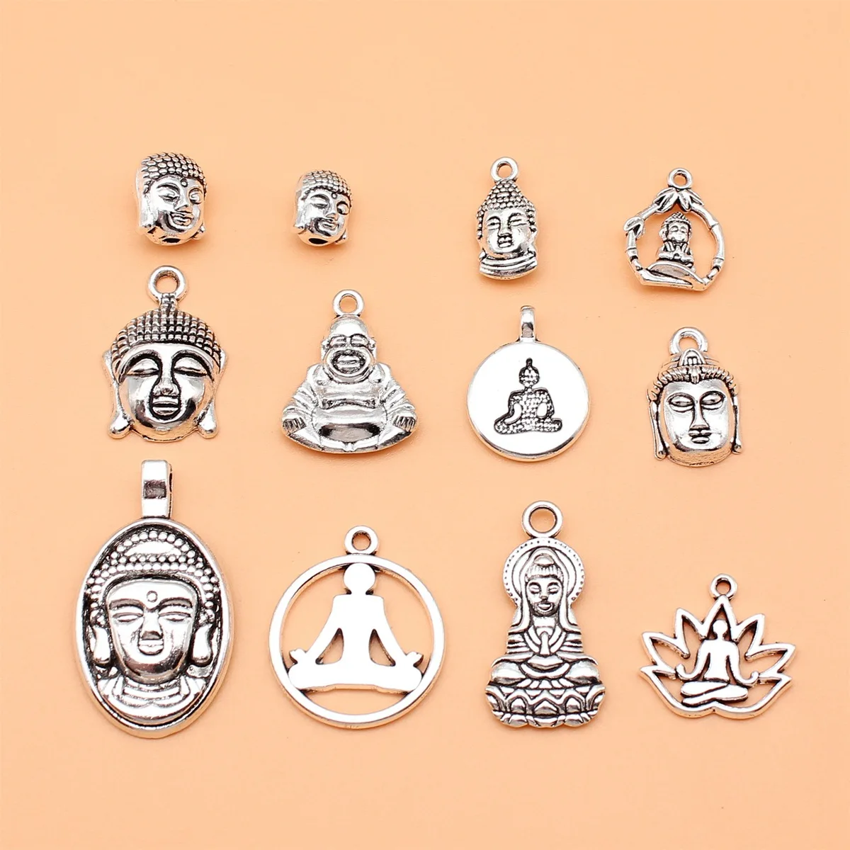 12pcs Antique Silver Color Buddha Statue Charms Collection For DIY Jewelry Making, 12 Styles, 1 of Each