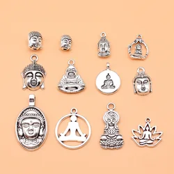 12pcs Antique Silver Color Buddha Statue Charms Collection For DIY Jewelry Making, 12 Styles, 1 of Each