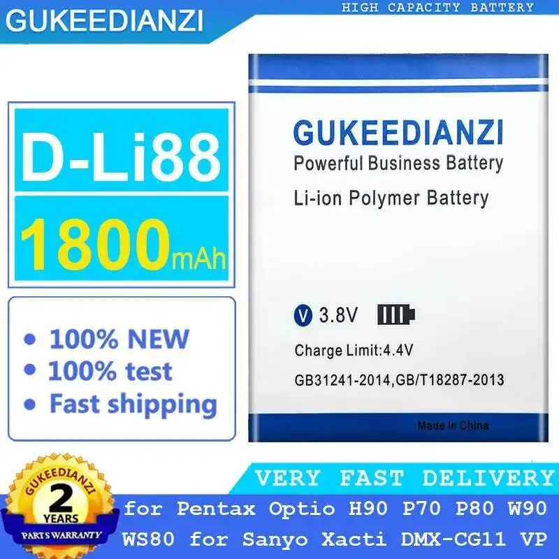 

Camera Battery Reliable Power D-Li88 For Pentax Optio H90 P70 P80 W90 WS80 Sanyo Xacti Dmx-CG11 VP 1800Mah