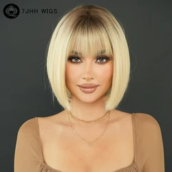 7JHH PRUIKEN Synthetische Korte Rechte Blonde Bob Pruiken met Donkere Wortels Hoge Dichtheid Gelaagd Haar Pruik voor Vrouwen Dagelijks Hittebestendig