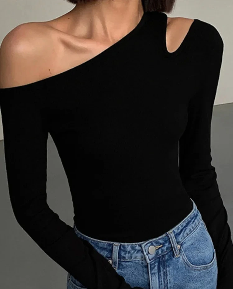 تي شيرت موضة انحراف طوق خارج الكتف طويلة الأكمام تي شيرت المرأة ربيع جديد الصلبة سليم صالح المحاصيل الأعلى مثير الجوف خارج